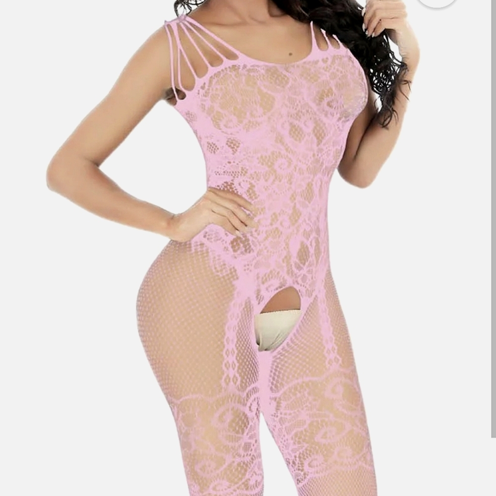 Pink lace crotchless body stocking